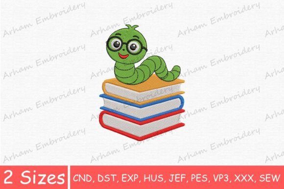 Cute Caterpillar Reading Book Embroidery Design